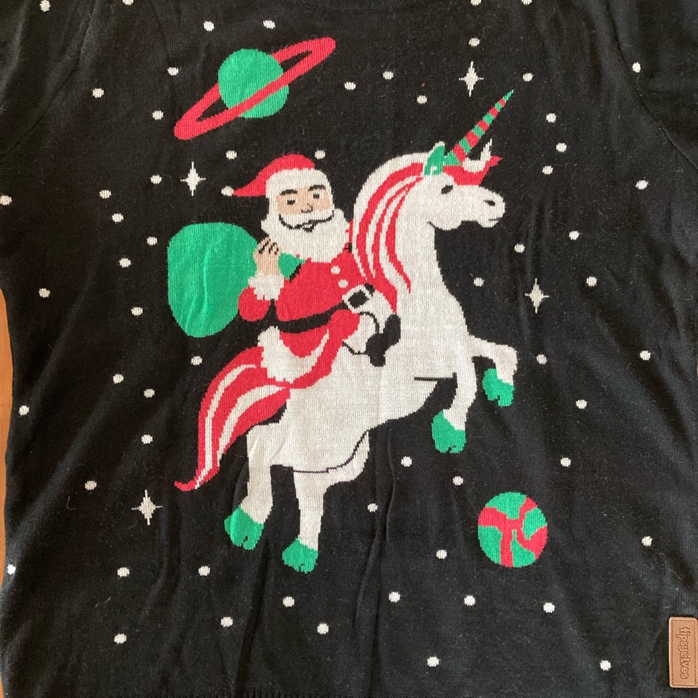 Tipsy Elves Ugly Christmas Sweater with Santa on a Unicorn